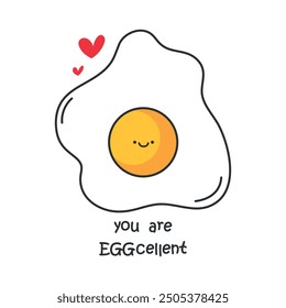 Love card with a cute fried egg line icon and phrase You are eggcelent. Vector illustration