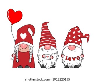 Love card. Cute gnomes with hearts, love letter and word love. Isolated vector