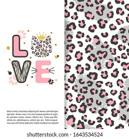 Love card with cute leopard cat for kids. Animal print.