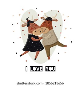 Love card with cute ox and cow in cartoon style