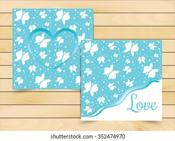 Love card design with butterfly, vector background. Wedding, marriage, bridal, birthday, Valentine's day.