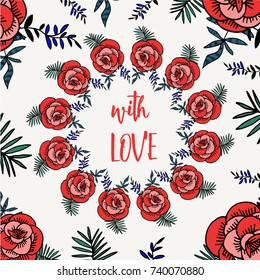 With love card design, cute doodle floral elements, feminine style