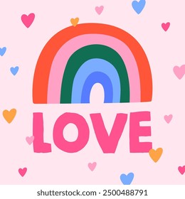 Love card design. Cute funny rainbow, romantic LGBT postcard for Valentine's day. Square shape background, colorful hearts in modern trendy doodle style. Childish flat graphic vector illustration