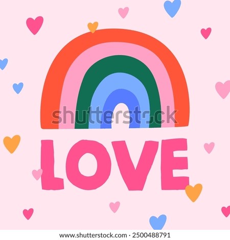 Love card design. Cute funny rainbow, romantic LGBT postcard for Valentine's day. Square shape background, colorful hearts in modern trendy doodle style. Childish flat graphic vector illustration