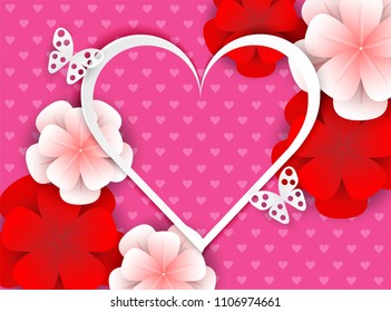 Love card design.  heart ,flowers and  butterflies paper art style. on pink heart background , light and shadow . Vector.