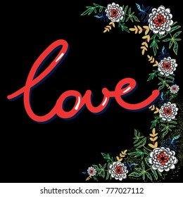love card design with lettering, cute doodle floral elements, feminine style