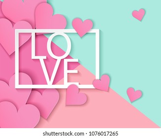 
Love card design, pink heart and White love text. light and shadows , pastels color paper art  background . Vector