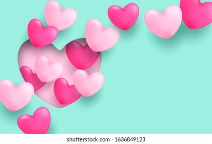 Love card design. Design with pink heart on pink and green mint  background. light and shiny. vector.