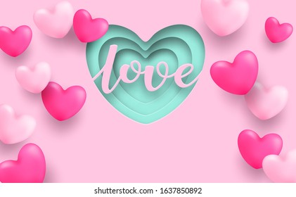 Love card design. Design with pink heart on pink and green mint  background. light and shiny. vector.