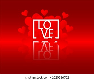 Love card design, red heart and White love text  , light and shiny, red background