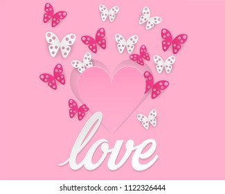 Love card design. Text love , heart  and  butterflies paper art style. on pink background .light and shadow . Vector.
