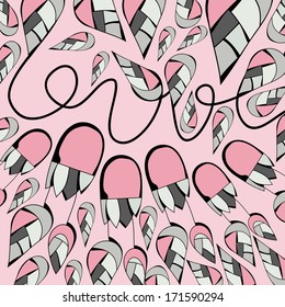 Love card design vector illustration. Lovely floral background. Bright cartoon card made of flowers and butterflies. Cartoon romantic composition.