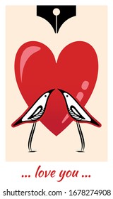 Diseño de tarjetas de amor. Tarjeta vectorial para el Día de San Valentín. Diseño plano. Tarjeta de ilustración vectorial con pájaros lindos, corazón rojo y silueta de pluma. Postal romántica, tarjeta, invitación, afiche.