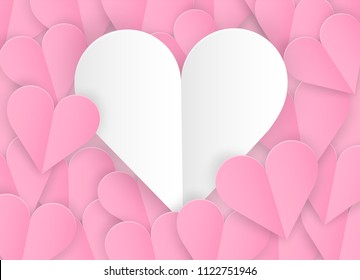 Love card design. White note paper and pink heart paper art style on pink background. light and shadow . Vector.