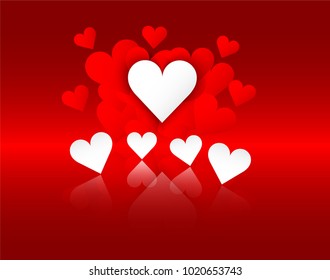 Love card design, White-red heart , light and shiny, red background