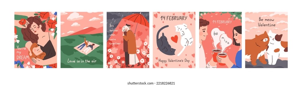 Love card designs set for Saint Valentine Day. Cute romantic vertical postcards templates with people and cats couples for 14 February holiday greeting. Modern colored flat vector illustrations