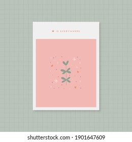 Love card with dragonflies and plant twig with heart shape leaves. Trendy line art vector illustration. Happy Valentines Day design with romantic quote. Love is everywhere. Valentine cards, invitation