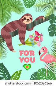 Love card. Flamingo and sloth with a bouquet. Tropical vector illustration.