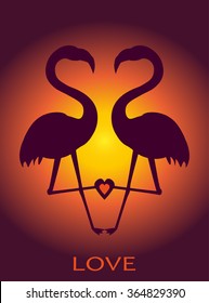 Love card with flamingos on sunset. Vector silhouette of tropical birds. Sunset background. Valentines greeting card