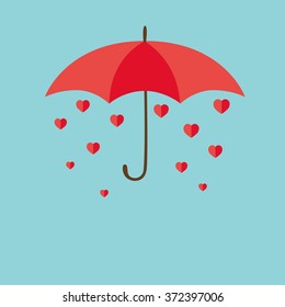 Love card flat umbrella with rain of hearts vector.