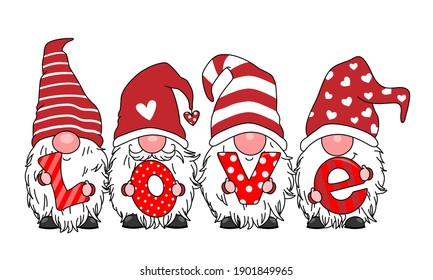 Love card. Four gnomes with the letters love. Isolated vector