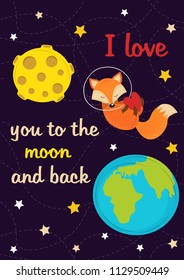 love card with fox in space  -  vector illustration, eps