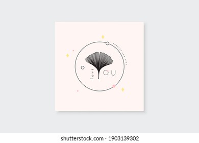 Tarjeta de amor con hoja de ginko biloba. Ilustración vectorial de arte de línea de moda con licencia de planta. Te amo el texto romántico. Feliz Día de San Valentín o diseño de compromiso. Carteles, pegatinas, tarjetas de San Valentín.