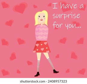 Love card with a girl.Valentine's Day.Happy birthday.March 8.Mothers Day.Text.Shy girl.Love.