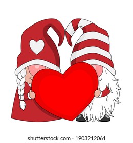 Love card. Gnome couple with a big heart. Isolated vector