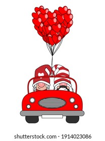 Love card. Gnome couple in car with many balloons in the shape of hearts.