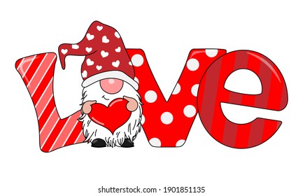 Love card. Gnome with heart in hands and parabra love in the background