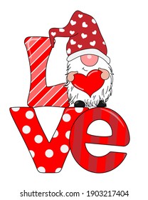 Love card. Gnome with a heart and the letters love. Isolated vector