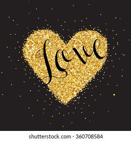 Love Card with Golden Glitter Heart - Wedding, Valentine's Day, Invitation - in vector 