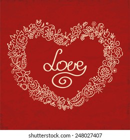 Love card with hand drawn floral heart. Valentine's Day greeting, the background.