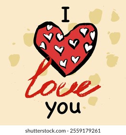 Love card with hand drawn hart and hand written “love”. Vector, isolated with texture.