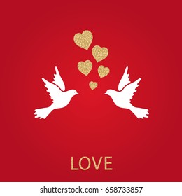 Love card hand drawn vector design with gold heart and doves on red background. Logos and emblems for invitation, greeting card, prints and posters