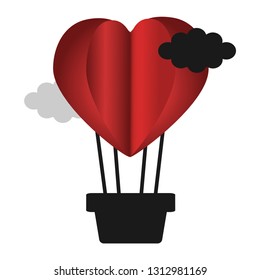 Love card or Happy Valentine's Day. Origami design elements. Balloon in the shape of a heart flying with a basket up to the sky with a white cloud.