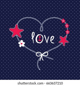 love card with heart with flower and sea star, T-shirt design vector illustration