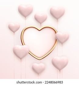 Love card with heart frame and heart balloons. Holiday Decoration Banner. Heart shaped medallion with gold trim surrounded by pink glossy heart shaped balloons on white background. Realistic 3d vector