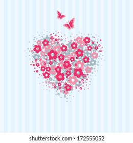 Love card with heart made of flower symbols with flying butterflies