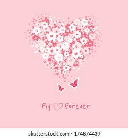 Love card with heart made of flower symbols with flying butterflies 