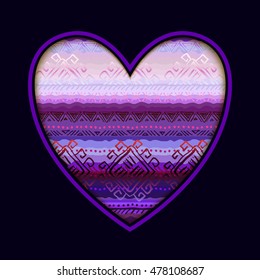 Love card with heart shape and horizontal seamless tribal ornament pattern in black background. Geometric ethnic colorful design. Vector illustration stock vector.