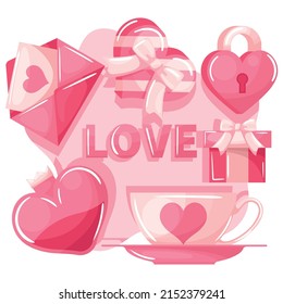 Love card with letter, love padlock, heart gift, perfume and a cup