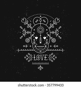 Love card with line romantic and abstract elements. Vector lines, skull, heart, font on black background with grunge texture. Hipster style