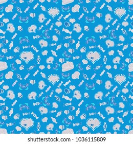 Love card. Our love is happy. Seamless pattern colorful summer style label illustration with nice elements. Love and unusual designs. Vector illustration.
