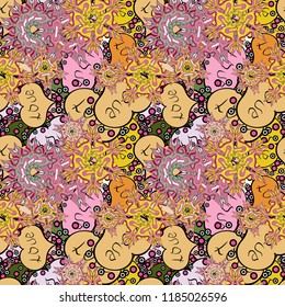 Love card. Our love is magic. Seamless pattern with hearts. Cartoon hearts love on pink, beige and yellow colors on cute background. Vector illustration.