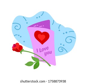 Love card with a rose. Greeting card with a heart. Vector flat illustration.
