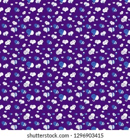 Love card. Seamless love pattern with hearts. Our love is magic. Cartoon hearts on white, blue and violet colors on cute background. Vector illustration.