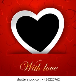 Love card template with blank photo frame heart shaped on the red hearts on background. Heart white frame and black copy space. Vector illustration