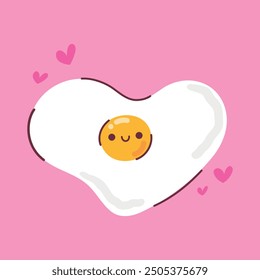 Love card template with a cute fried egg. Smiling yolk in heart shaped fried egg. Happy kawaii cartoon egg in childish style. Vector illustration